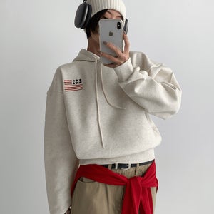 (3color)여성 겨울 기모 크롭 후드티 성조기 자수 포인트 세미 오버핏 루즈핏 데일리 맨투맨