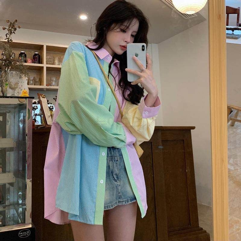 여성컬러 블록 스트라이프 코튼 셔츠 봄 가을 데일리 캐주얼 모던한 트렌디한 패션 남방