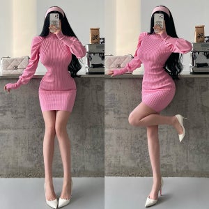 하이넥 슬림핏 퍼프소매 니트 미니 원피스 – 몸매 보정 & 데일리룩 필수템