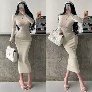 하이넥 슬림핏 니트 미디 원피스 – 몸매 보정 & 세련된 데일리룩