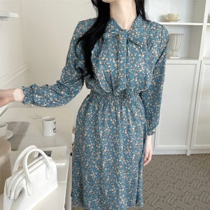 여성쉬폰원피스 여자 꽃무늬 롱 리본 프릴 봄 가을 결혼식 하객룩