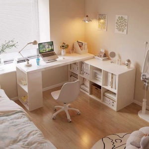 L자형 코너 책상 책장 일체형 원목 컴퓨터 데스크 100cm 책상+6칸 책장/화이트