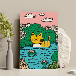 귀여운 고양이 캐릭터 팝아트 노을 하늘 감성 일러스트 A3 프린트매치 포스터 00027