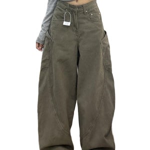 여성 레트로 하이웨스트 와이드 블레이드 진 카고 포켓 데님 팬츠 올리브그린 프리미엄 M