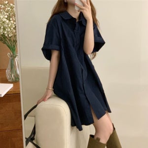 여성셔츠원피스 여자미니원피스 반팔 루즈핏 빅사이즈 카라 드레스