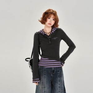 Y2K무드 레이어드 스트라이프 후드 슬림 긴팔 티셔츠