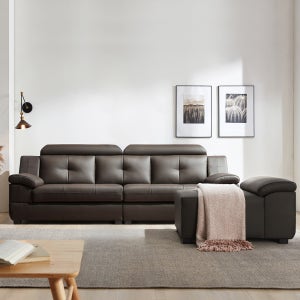 동서가구 제이홈스 라텍스탑 구스다운 신혼 천연 가죽 소파 팔걸이스툴포함, 초코브라운, 4인용