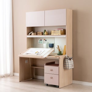 리바트 로넌 1200 각도높이조절 책상세트 플랩도어형 1194x667mm, 화이트오크+핑크