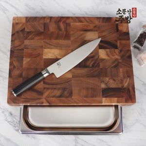 제우스 아카시아 원목 향균 엔드그레인 언더트레이 서랍형 스텐 밧드 도마 트레이 세트