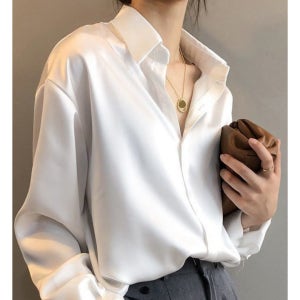 루즈핏 셔츠 새틴 블라우스 정장 실키 레이이드 블라우스 지적인 오피스 하객 샤틴 셔츠
