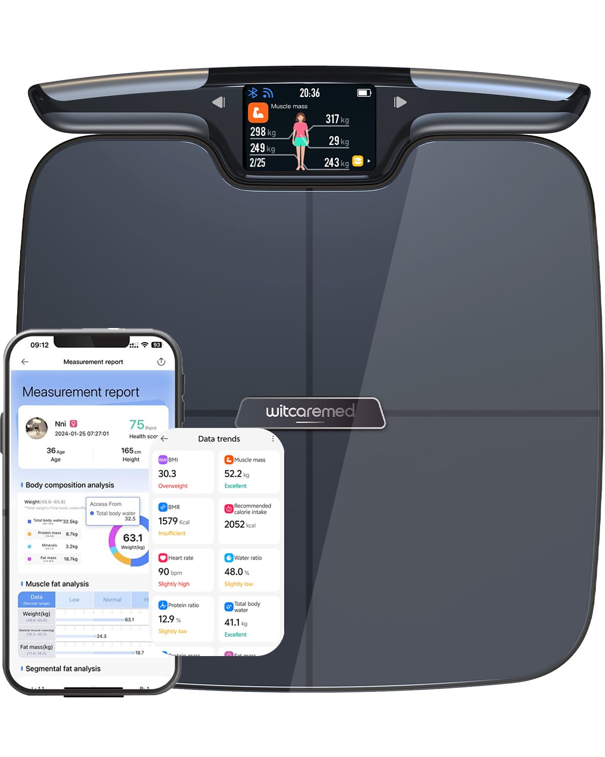 BMI <b>체지방</b> 근육량 8 전극 듀얼 주파수 고정밀 다중 사용자 모바일 앱 56 운동선수 및 피트니스 애호가를 위한 신체 구성 지표 스마트 체중계(블랙)