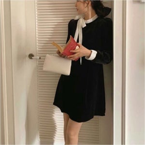 블랙 타이 여자 벨벳 하객룩 배색원피스 연말룩 리본