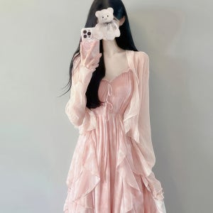 핑크 공주풍 투피스 볼레로 가디건 하늘하늘 쉬폰 캐미솔 플레어 롱원피스 세트