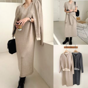 여성 브이넥 반팔 니트 롱 원피스 배색 가디건 세트 긴팔 셋업 엄마등원룩 하객룩 겨울