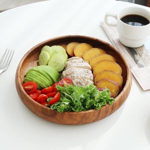 나무그릇 우드 낮은 원형 볼 아카이사 통원목 플레이트 XL 25.5cm, 우드