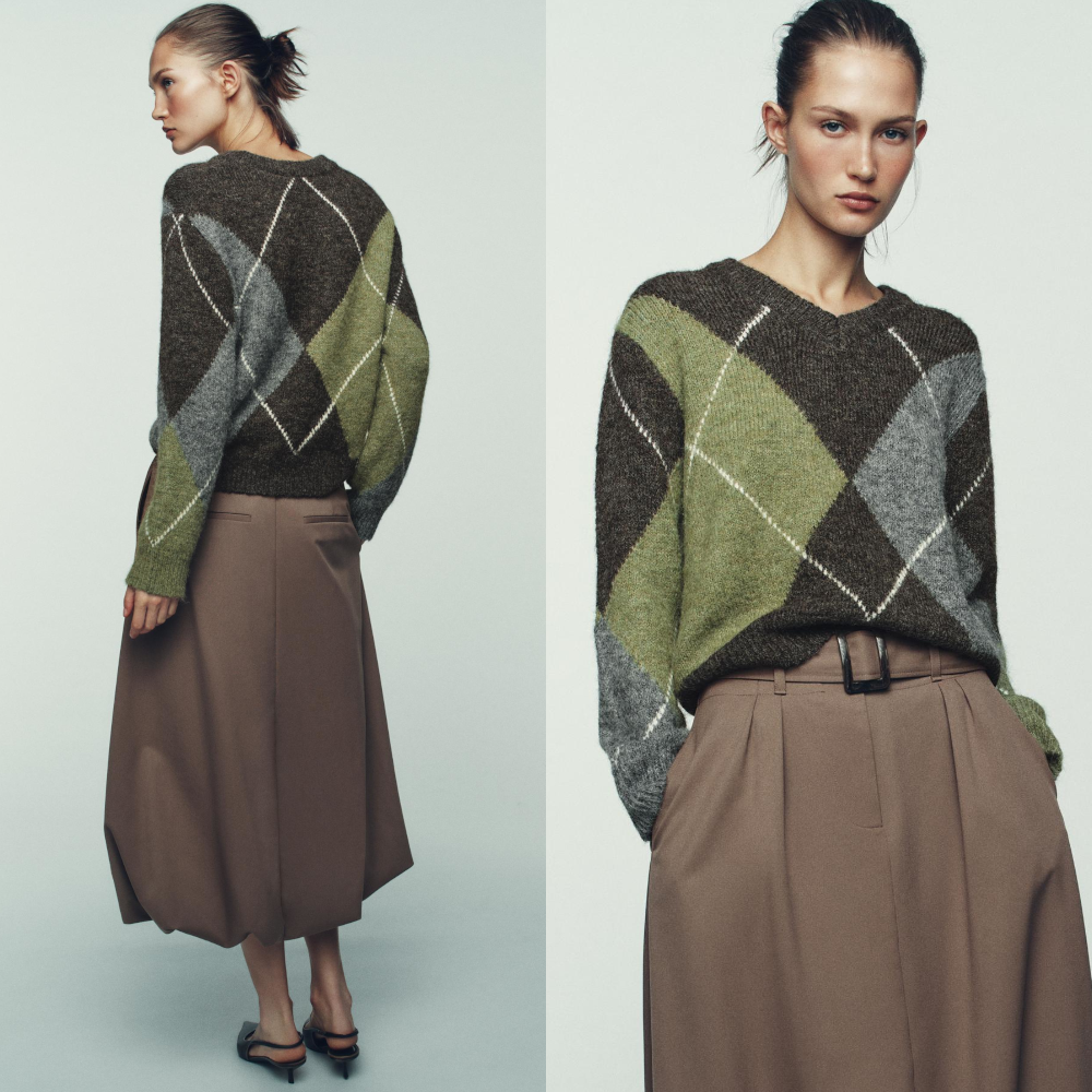 ZARA 자라 다이아몬드 니트 스웨터 5755/152 브라운 그린