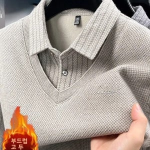 남자 겨울 두꺼운 플리스 니트 페이크 2피스 중년 직장인