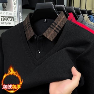 페이크 2피스 남자 겨울 스웨터 플리스 중년 직장인 니트