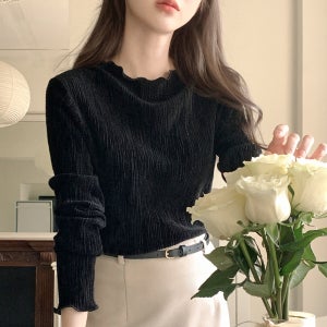 벨벳 링클 플리츠 물결 폴라 긴팔 티셔츠 ts4826