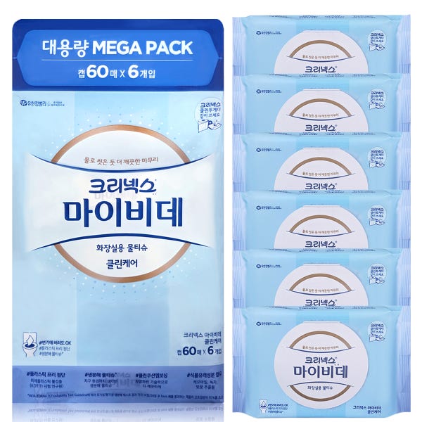 마이비데 물티슈 60매6팩 클린케어 비데티슈 화장실 비데 캡형