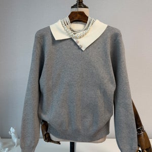 언발 배색 카라 슬림 긴팔 니트 3컬러