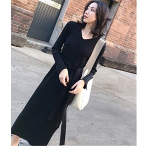 여성 브이넥 니트 롱치마 단정한 긴팔 골지 직장인 출근룩 데이트룩 주부