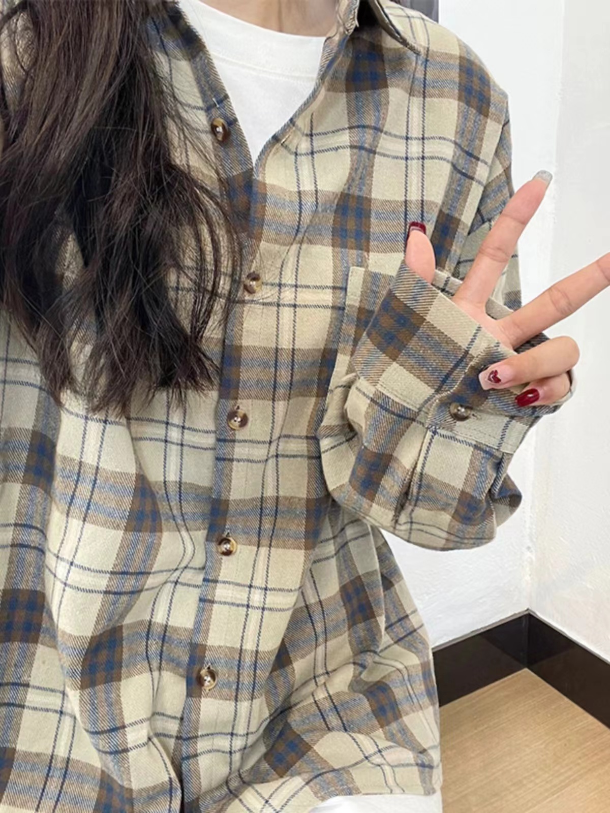 두나의옷장 베이지 체크 셔츠 여성 오버핏 남방