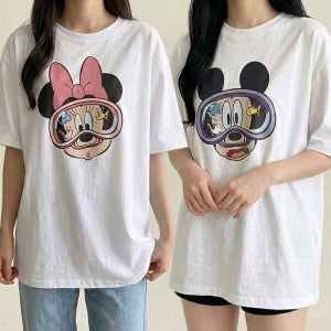 디즈니 미키 미니 물안경 반팔 티셔츠 오버핏 박스티 남녀공용 면100 커플티