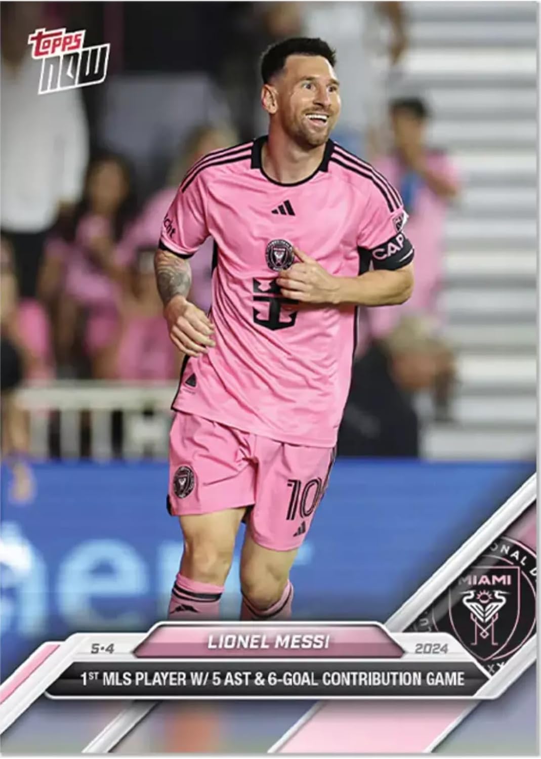 2024 T 나우 리오넬 메시 #46-1번째 MLS 선수로 5 AST와 6골 기여 경기 - /4 /24- 축구 트레이딩 카드 마이애미 보호 스크루다운 홀더로 배송됩니다.