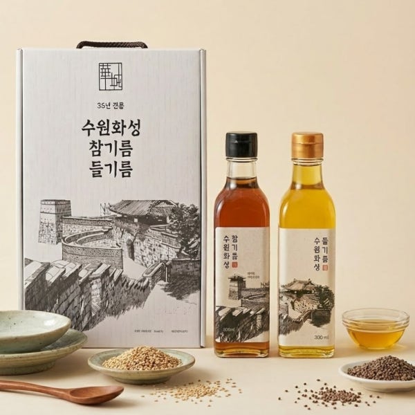 [국내제조] 저온압착 방앗간 진한 들기름 300ml+300ml 2P 선물세트 답례품