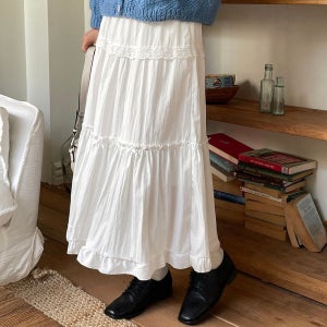 하이웨스트 프릴 2단 캉캉 스커트 플레어치마 밴딩 롱 레이스 스커트 화이트 A라인 치마