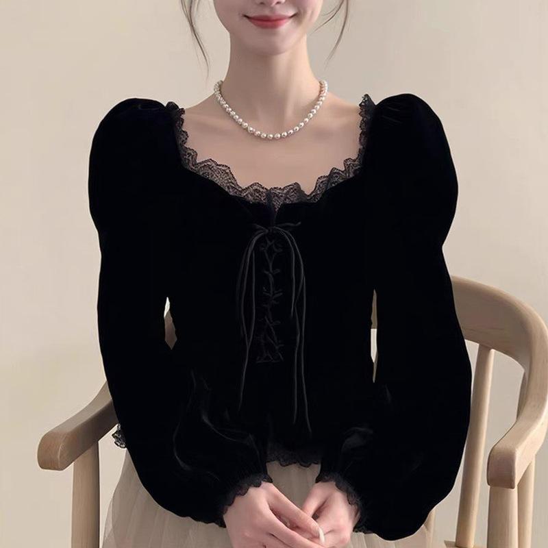 프렌치 블랙 레이스 퍼프소매 벨벳 상의 블랙 S