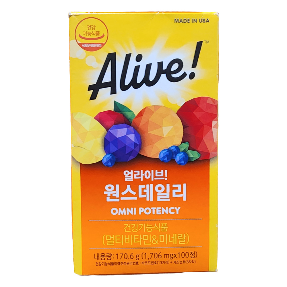 네츄럴라이프 얼라이브 원스<b>데일리 멀티</b> 종합 <b>비타민</b> 미네랄 영양제 CS 100정, 1개