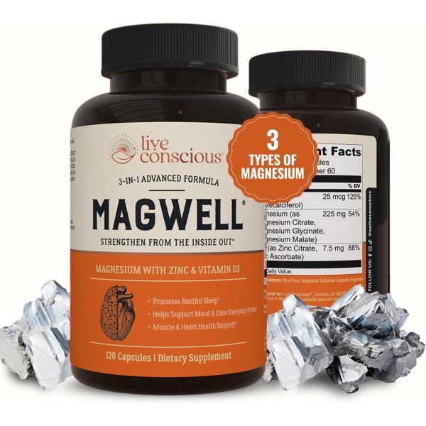 <b>Live Conscious</b> 라이브 컨시시브 마그웰 마그네슘 아연 및 비타민 D3 - 글리신산 말산 구연산염 여성 남성을 위한 3중 보충제 수면 뼈 심장 <b>면역</b> 지원을 120캡슐