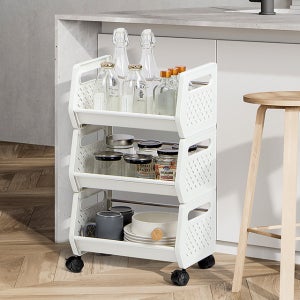 세탁실틈새수납장 바퀴달린선반 이동트레이 3단, 멀티트롤리, 화이트