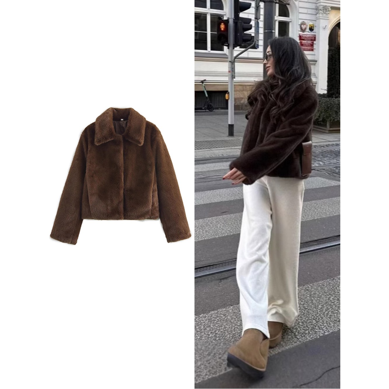 모피 코트 여성용 패션 인조 달린 짧은 소매 겨울용 칼라 넉넉한 보온성 갈색 출퇴근용 Brown Z4 M