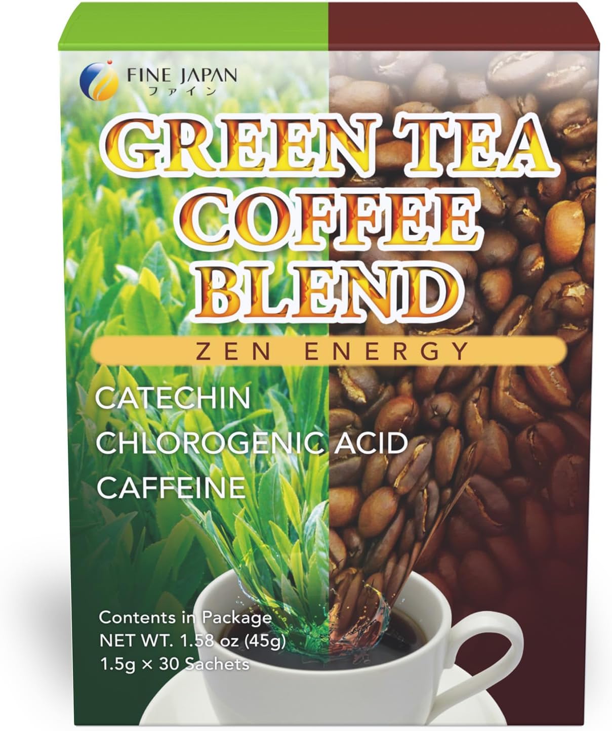 파인 재팬 녹차 및 커피 블렌드 파우더/카테친스 <b>클로로겐산</b>/일본산/스틱 30개(45g) 1