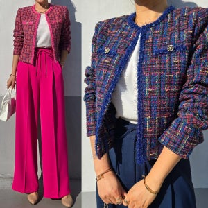 핑크 네이비 라운드넥 트위드 여성정장 셋업 세트