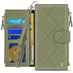 엑스 비아르 지퍼 다이어리 가죽 카드 지갑 케이스 카키, 갤럭시A80