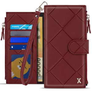 엑스 비아르 지퍼 다이어리 가죽 카드 지갑 케이스 버건디, 갤럭시A80