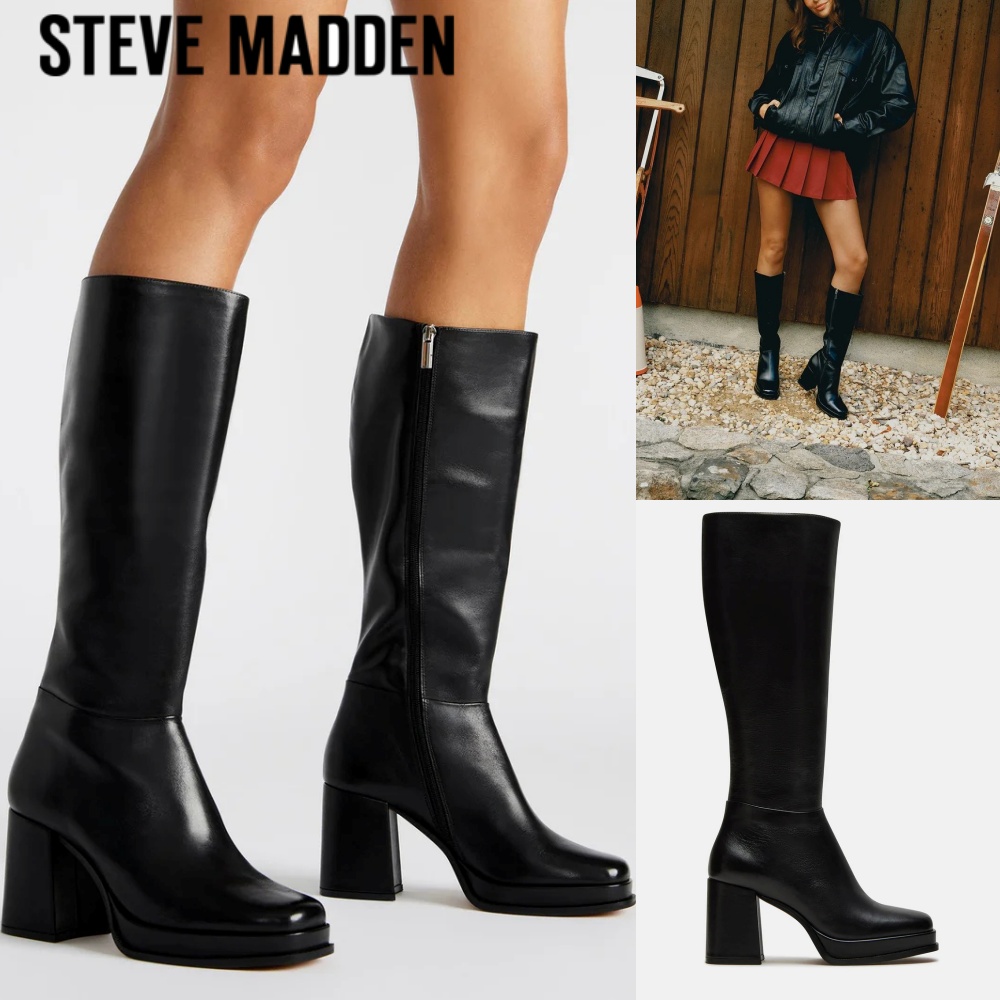 Steve Madden スティーブマッデンMYSTERYレザー女性 フラットフォームニハイ ブーツ ブラック
