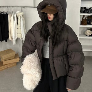 유니크 크롭 후드 패딩 겨울 아우터 숏점퍼 도톰 포근 루즈핏 스트링 키작녀 y2k
