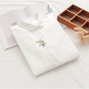 거즈면블라우스 둥근카라블라우스 꽃자수 화이트 겨울남방