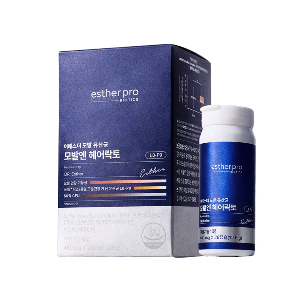 여에스더 <b>모발</b> 유산균 <b>모발</b>엔 헤어락토 LB-P9 50억CFU 28캡슐 1박스 4주분