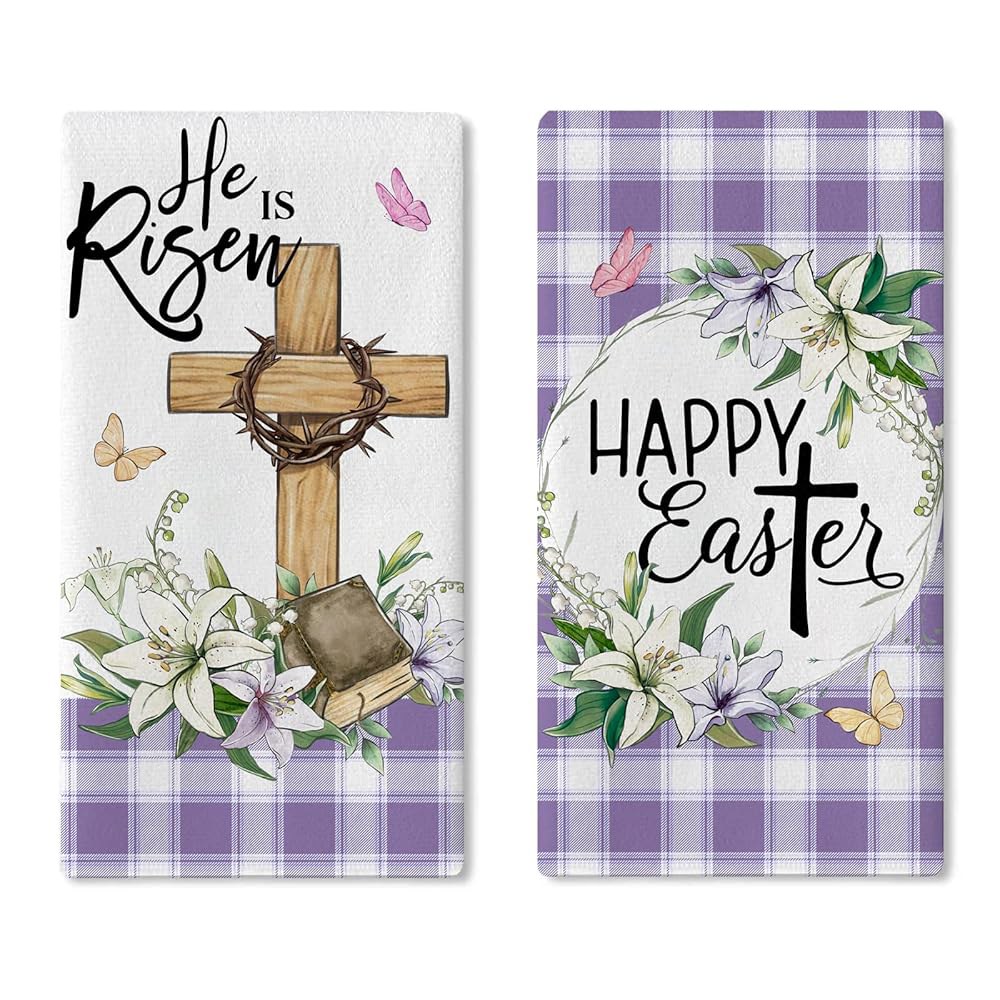 Uruney Happy Easter 크리스천 주방 접시 타월 2개 세트, Religious <b>He is</b> Risen 십자가 퍼플 격자 무늬 건조 핸드 베이킹 요리 천, 봄 백합 성경