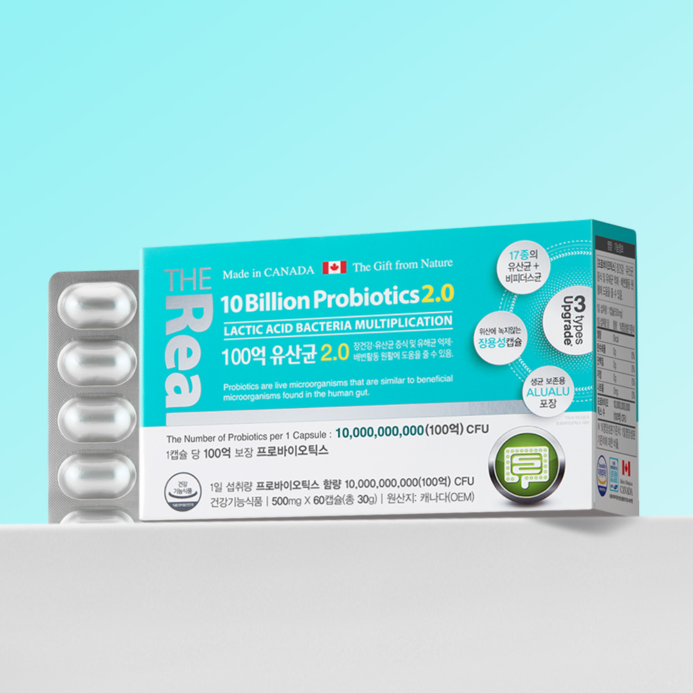 [라운지전용특가] <b>더리얼</b> 100억 유산균 2.0 <b>프로바이오틱스</b> 60캡슐 x1개