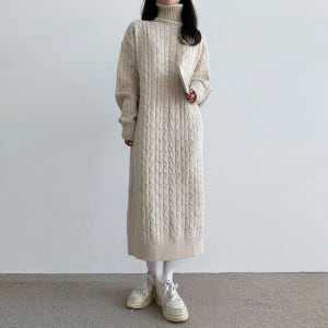 5165. 하이넥 목폴라 꽈배기 데일리 캐쥬얼 레이어드 루즈핏 오버핏 긴팔 니트 롱 원피스 - 아이보리, 베이지, 그레이, 블랙