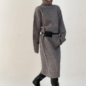 5169. 폭닥 목폴라 하이넥 꽈배기 데일리 캐쥬얼 루즈핏 오버핏 포근 긴팔 니트 롱 원피스 - 아이보리, 베이지, 그레이, 블랙