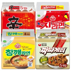 인기봉지라면 4종 신라면+진라면 매운맛+참깨라면+짜파게티 (총19봉)