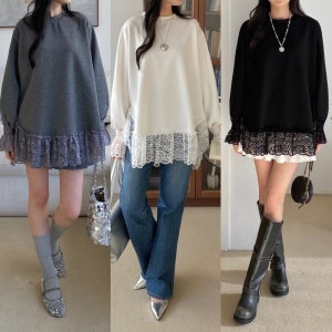 여성 루즈핏 레이스 레이어드 박시 티셔츠 데일리 캐주얼